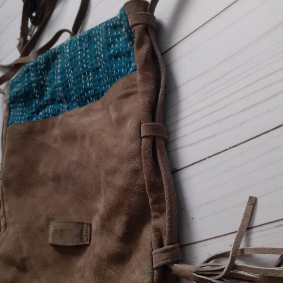 Noonday Collection Kantha Foldover Crossbody Bag Suede Leather Cotton BrownBlue - Picture 6 of 16